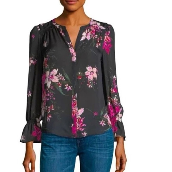 JOIE Keno Silk Pink Floral Black Button Up Long Sleeve Blouse Top - Picture 1 of 9